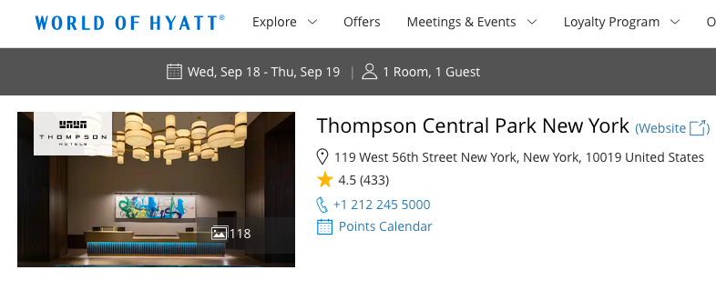 screenshot of world of hyatt's listing of Thompson Central Park New York, with small picture of hotel lobby on left
