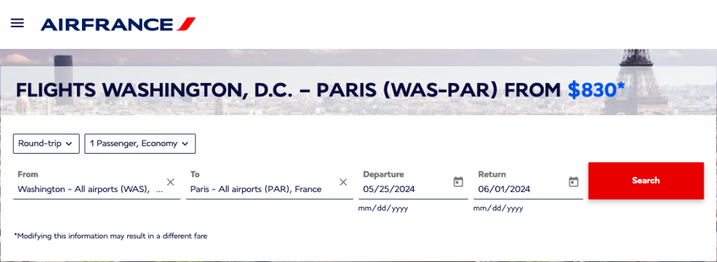 screenshot of airfrance.com, header reads flights Washington DC to Paris from $830, followed by a search tool