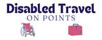 Disabled Travel On Points Wheelchair on left and hand luggage on right, underneath text, in pink and gray colors